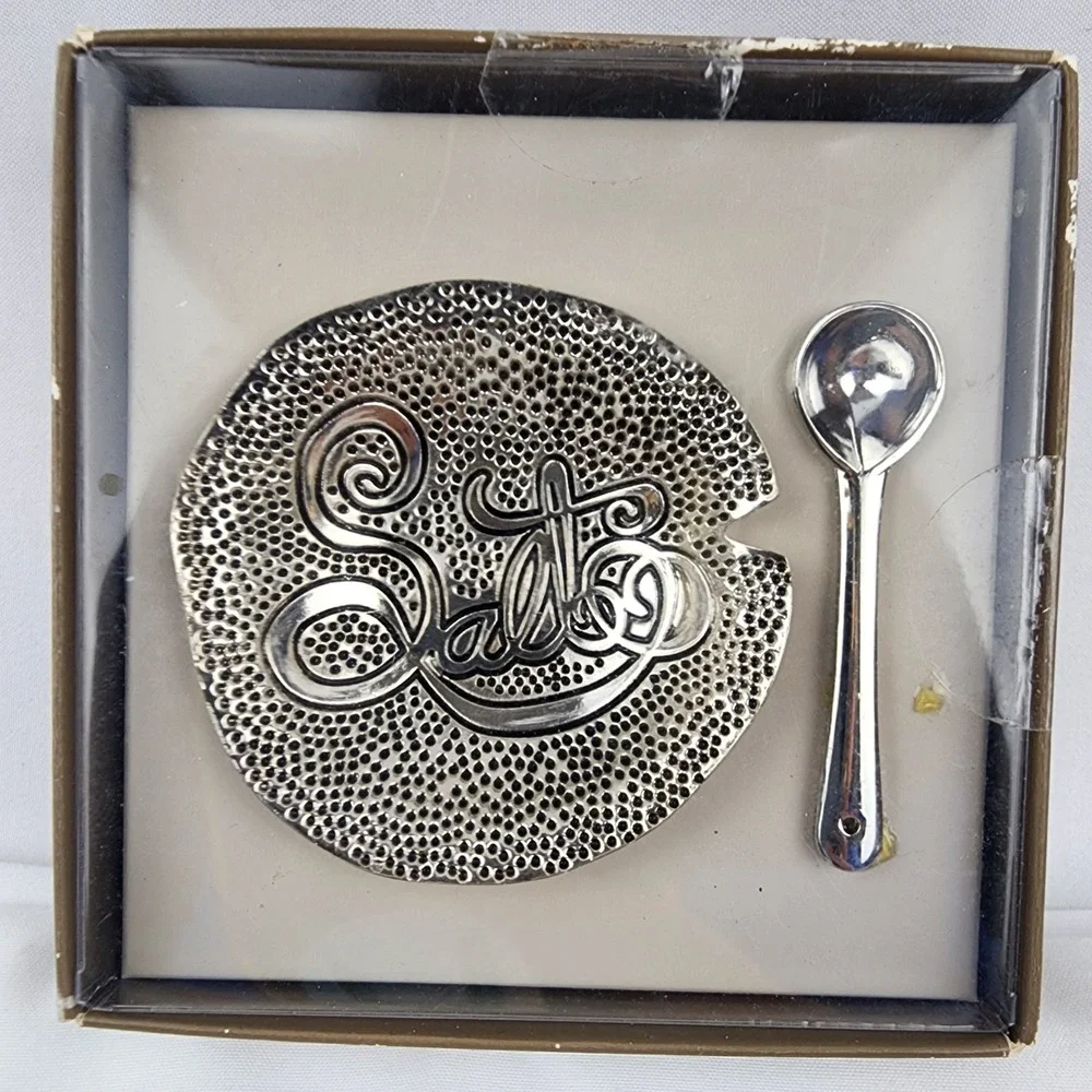 Pier 1 Imports Silver Salt Cellar with Spoon, Vintage‎ Kitchen Decor